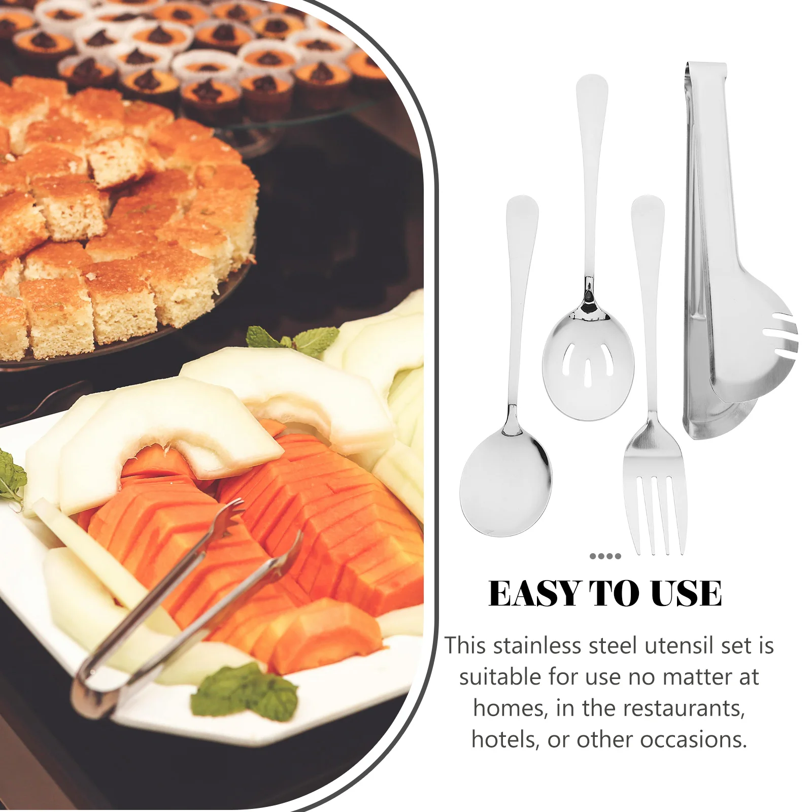 1 Stainless Steel Utensils Set Portable Serving Spoon Fork Kit For Party Buffet Salad Soup Reusable Kitchen Tableware Flatware