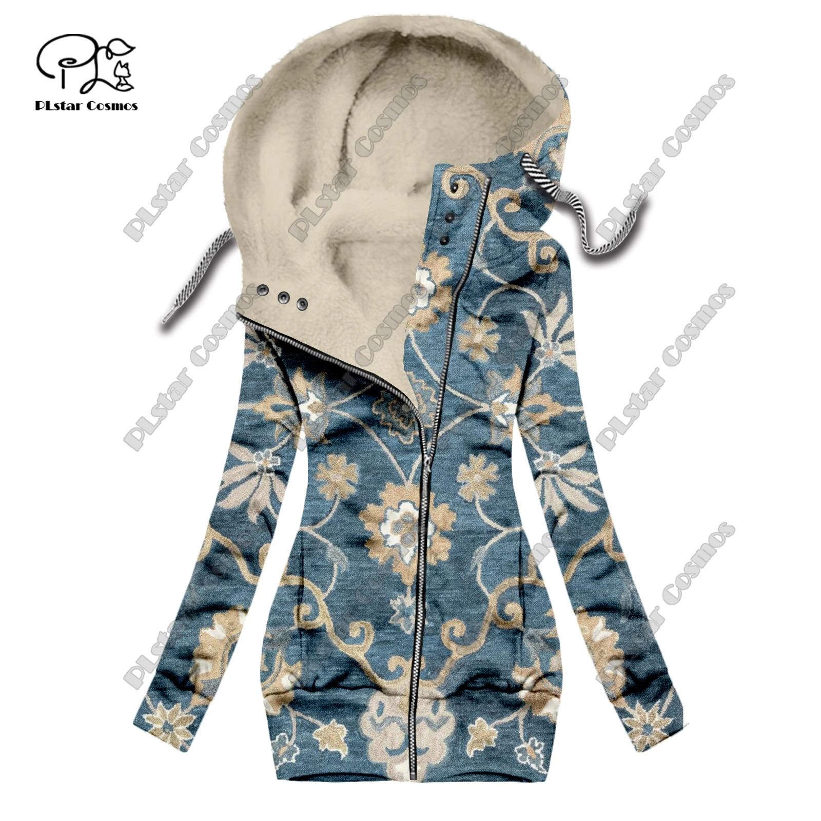 New 3D printing retro series floral carpet totem pattern plus velvet warm women's long zipper sweatshirt casual winter F-4