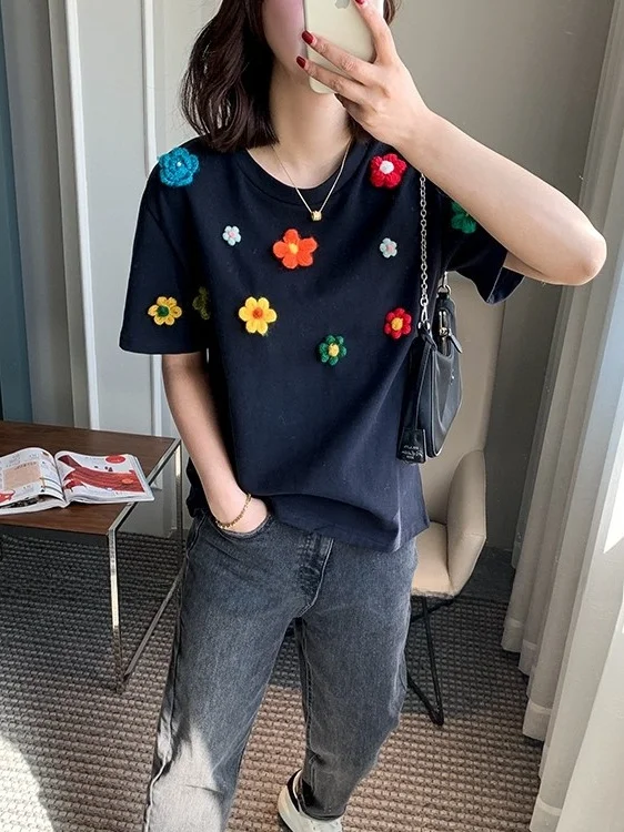 

Chic Summer Thin Cotton round Ne ort Sve T-irt Women's Loose Fit Heavy Design Pure Cotton plus Size White Color