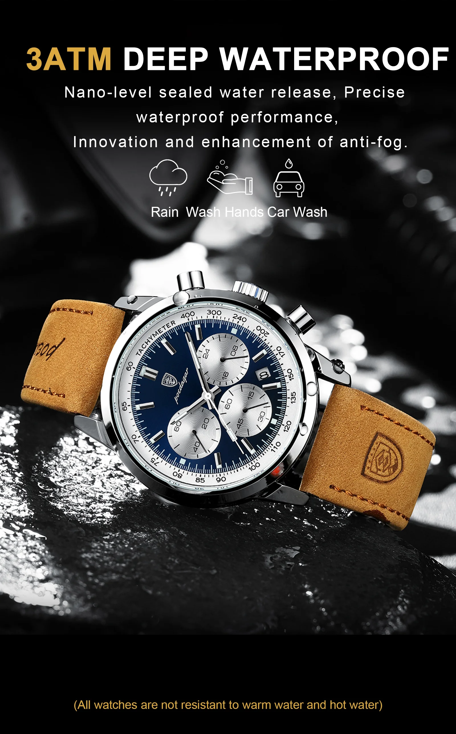 POEDAGAR Modische Herrenuhr Wasserdicht Leuchtend Leder Casual Herren-Armbanduhr Chronograph Hochwertige Herren-Quarzuhren Reloj – Detail 9