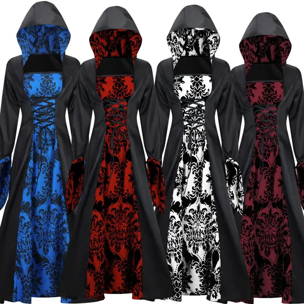 Women Dress with Retro Print Halloween Party with Lace-up Strap Hooded Flower Print Long Horn Sleeves Costume