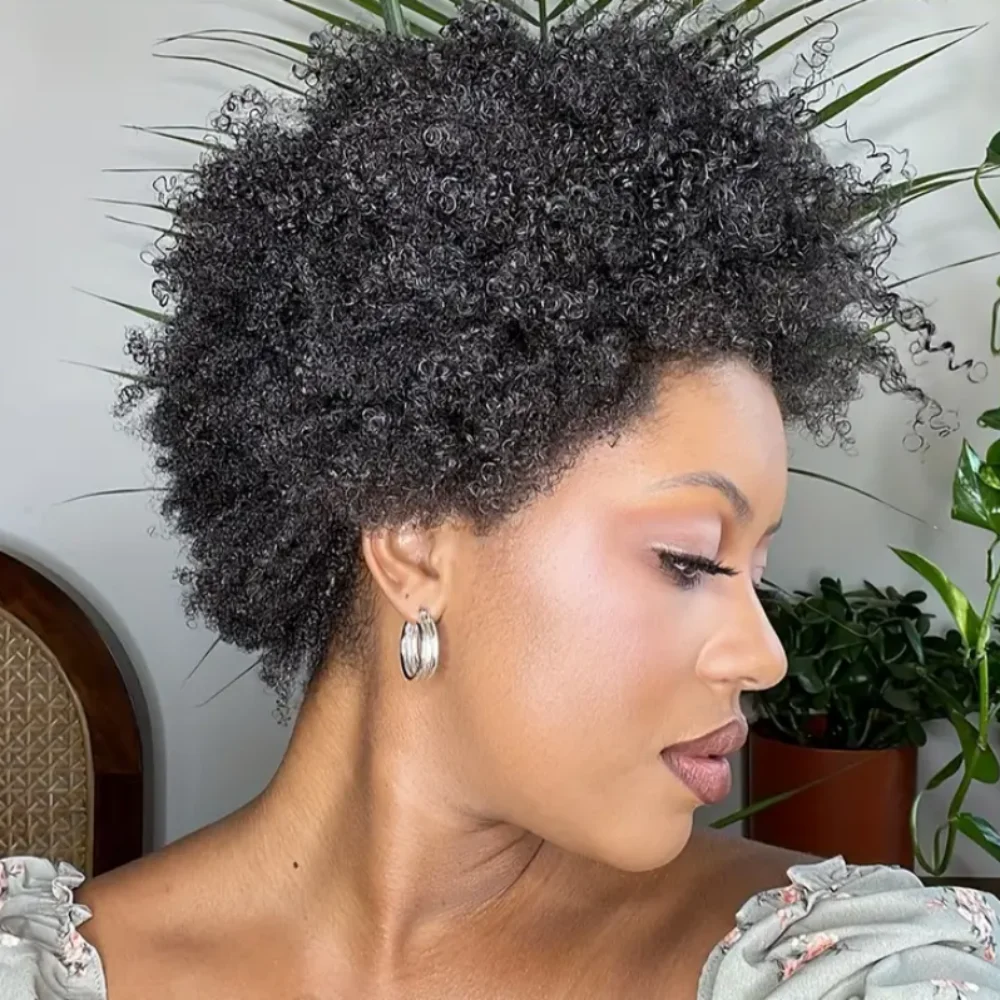 짧은 아프로 곱슬 가발 인모 픽시컷 브라질 인모 기계식 가발