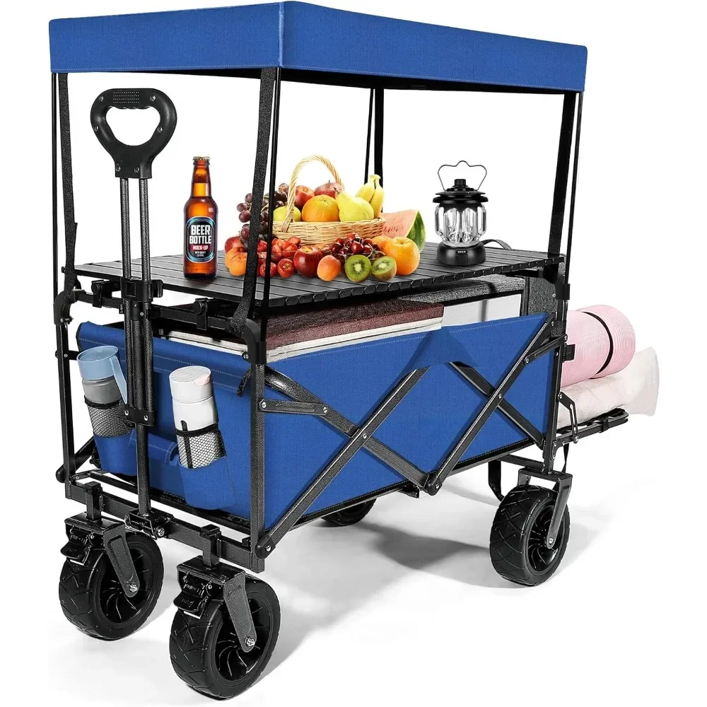 

Beach Wagon Cart Foldable Travel Cart for Outdoor Camping with Canopy,Tabletop, Side Pockets, and Cup Holder Can Hold up