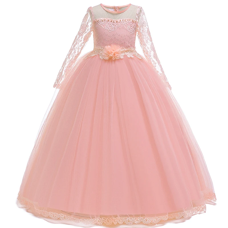 

Elegant Flower Bridemaid Party Girl Dress Long Sleeve Wedding Princess Prom Dress for Kids Lace Baptism Birthday Evening Costume