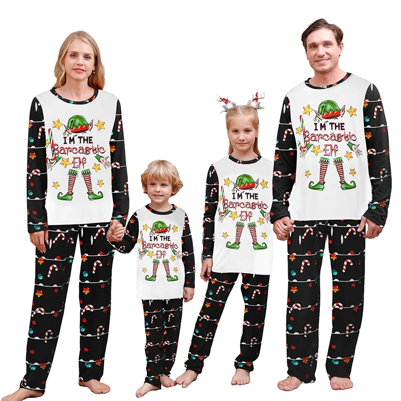 Christmas Family Matching Pajamas Set Festive Letter Elf Print Tops with Candy Cane Pattern Trousers Sleepwear for the