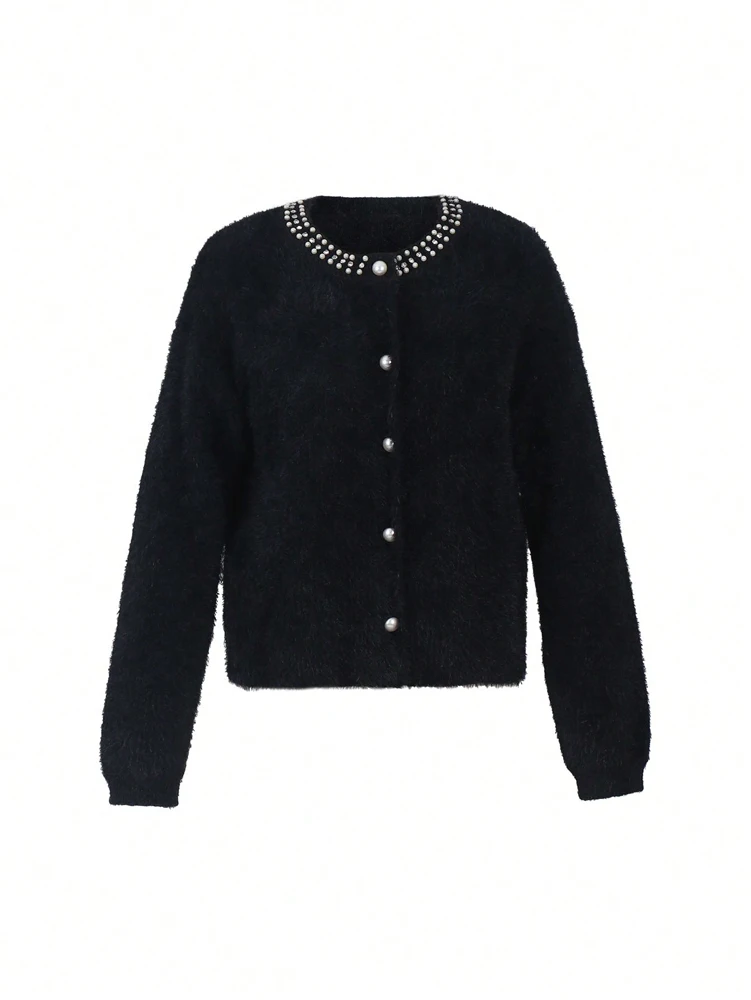 

Осень/зима, новые поступления, женский модный жемчужный кардиган с круглым вырезом, универсальный, элегантный, свободного кроя, подчеркивающий вязаный кардиган