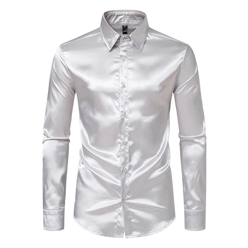 

8 Colors!2024 New Shirts Men's Satin Nightclub Long sleeved Trendy Solid Color Shirt