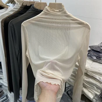 T-shirt à manches longues pour femmes, nouveau, col à poils, bord d'oreille en bois, maille Perspective, début d'automne, été 2023