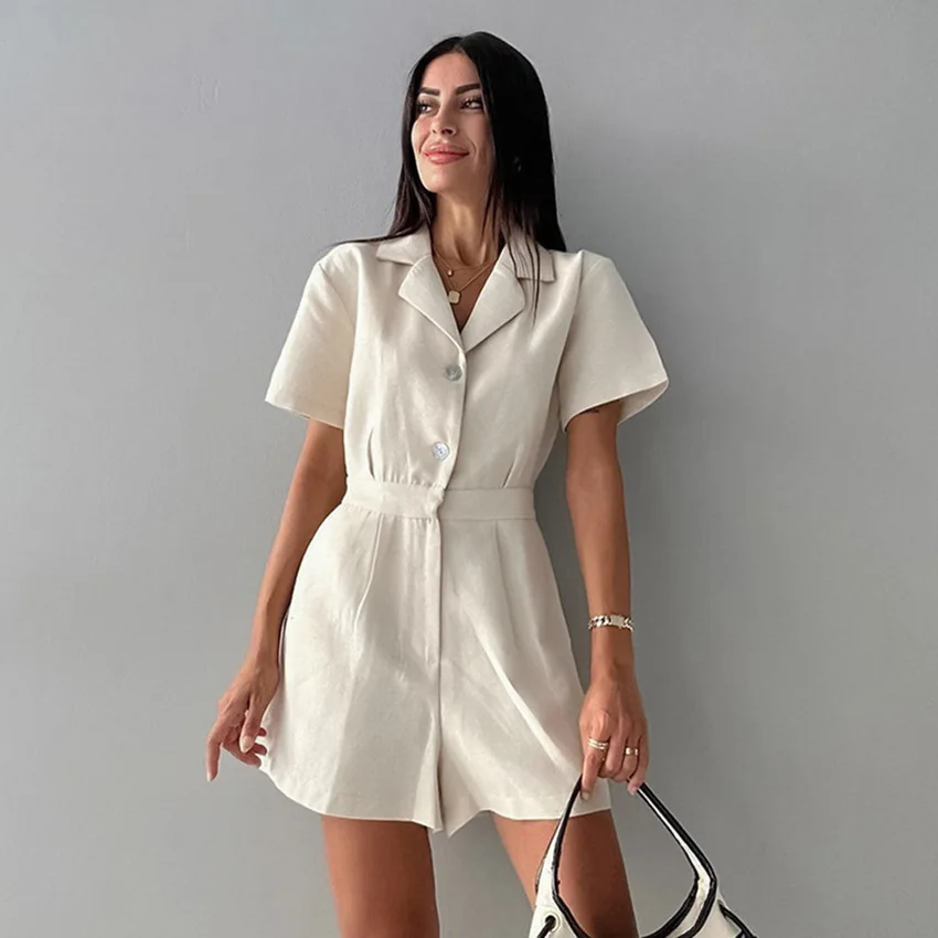 Macacão Feminino de Cintura Alta, Casual, Cor Pura, com Gola de Terno, Confortável, em Linho, Nova Coleção Primavera...