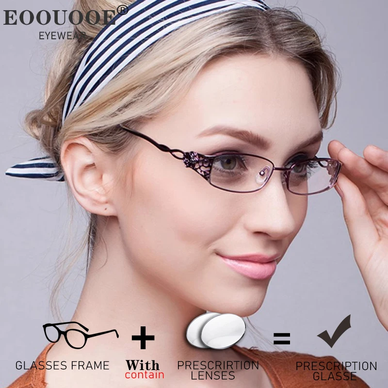 Hollow Out Design Optical Eyewear Women Metal Glasses 1.56 1.61 Prescription Lenses Myopia Hyperopia Reading Eyeglasses Purple