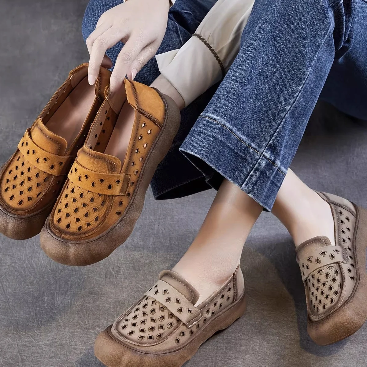 

Women's Breathable Soft Leather Slip-On Shoes Vintage Flat Bottom Hollow out Design Casual Fashion Footwear Spring Summer