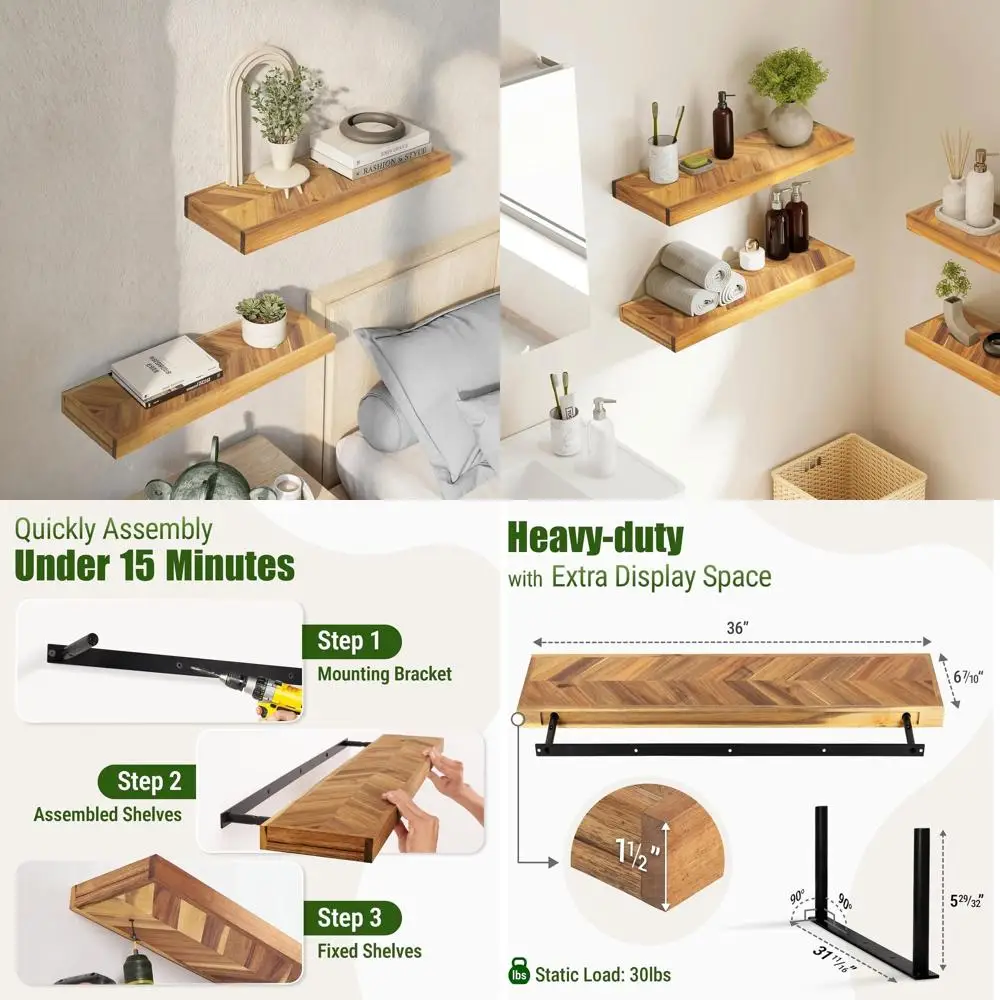 

Набор из 2 настенных полков из акации и шеврона — 36 плавающих полок из натурального дерева для домашнего декора — 36x6,7x1,5 дюймов