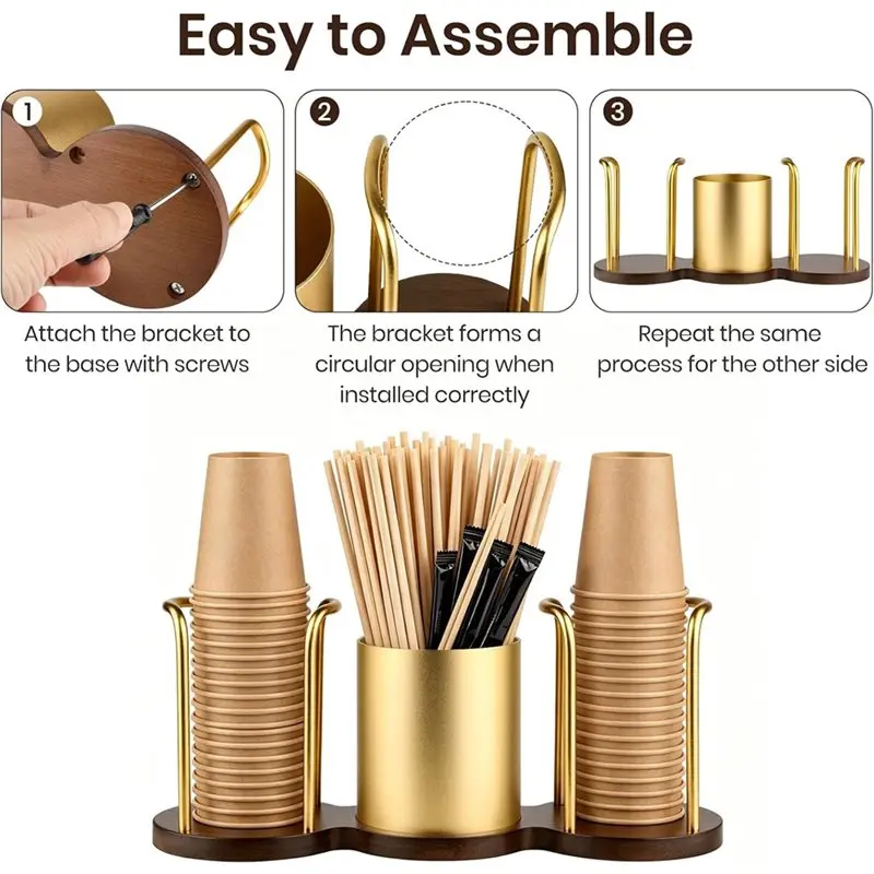 ABUH-Multi-Slot Coffee Cup Dispenser With Straw& Stirrer Holder, Wooden Base Organizer For Home Kitchen Office Sliver