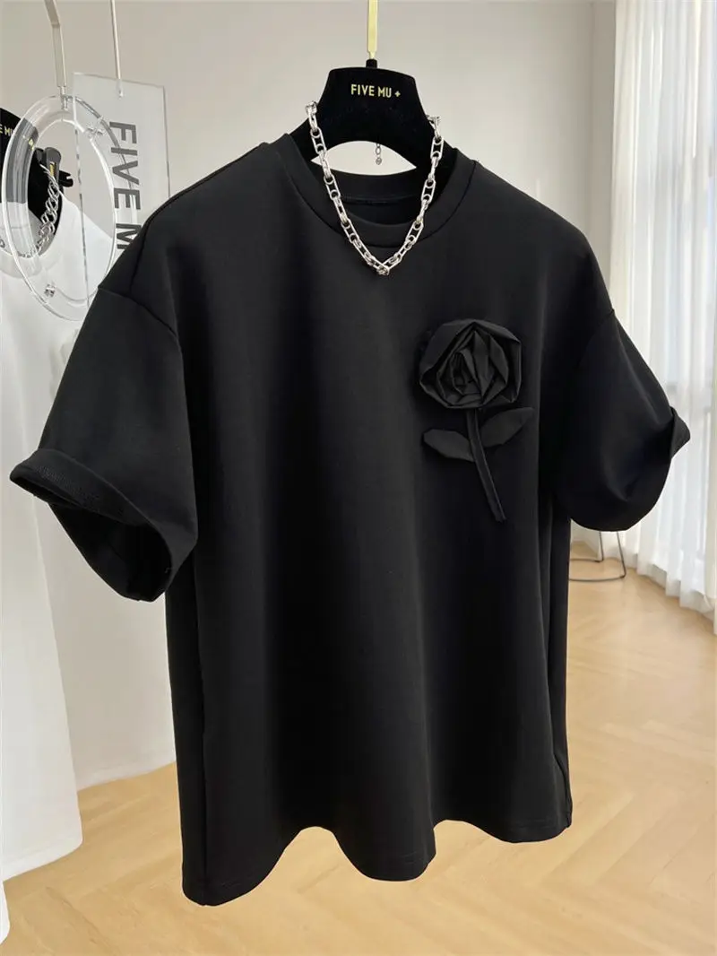 Special Offer Heavy Industry Three-Dimensional Flower Cotton Heavy round Neck Short Sleeve T-shirt Female Summer New Top