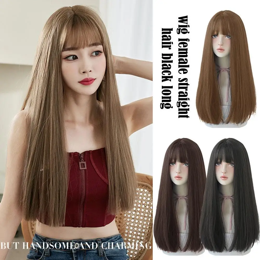 Cabelo sintético longo para as mulheres, cabelo liso, franja de ar natural, peruca realista, adequado para o uso diário, preto