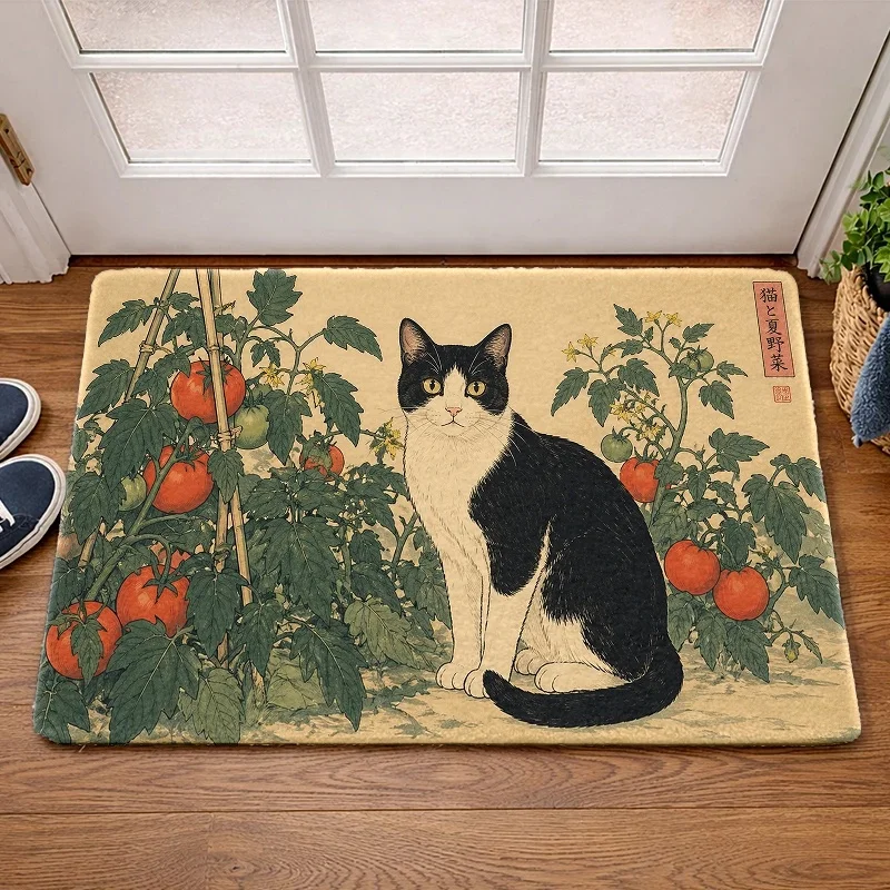 Cute Kitten Pair Area Rug With Orange Flowers Soft Touch Surface Non Slip Entrance Mat For Front Door Hallway Decor