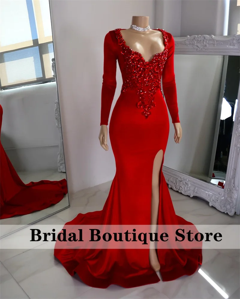 Luxury Red Diamonds Prom Dress 2024 Long Sleeves Beading Crystals Rhinestones Wedding Reception Birthday Party Evening Gown