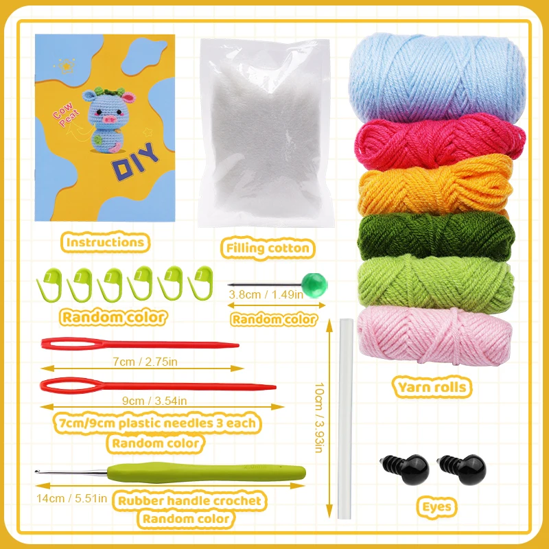 MIUSIE DIY Handmade Materials Pack Blue Cow Yarn Weaving Kit for Beginners Cute Doll Keychain Pendant  Non-finished Products