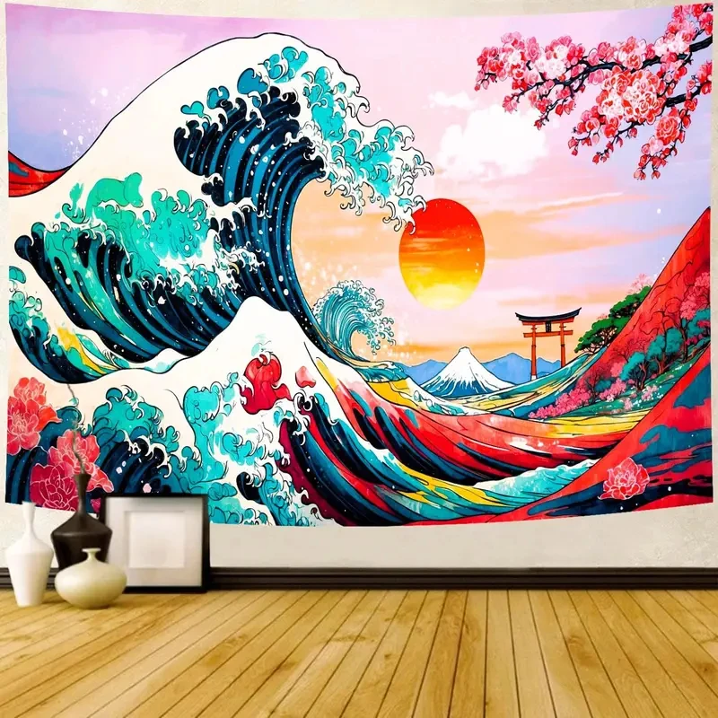 VIKAMA Great Wave Tapestry Japanese Kanagawa Ocean Cherry Blossom Wall Hanging Aesthetic Tapestries for Bedroom Decor