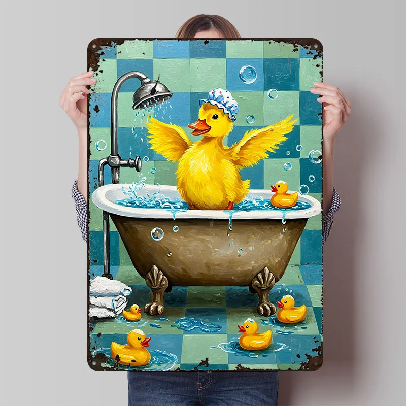 Pôster de metal para banho de patinho, decoração de interiores vintage, sinais de lata de metal personalizáveis para decoração de arte de parede, decoração de casa, quarto