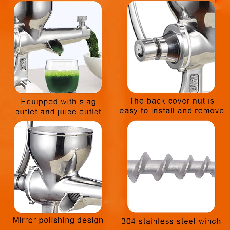 JIQI Hand Stainless Steel Wheatgrass Juicer Manual Auger Slow Squeezer Fruit Wheat Grass Vegetable Orange Juice Press Extractor