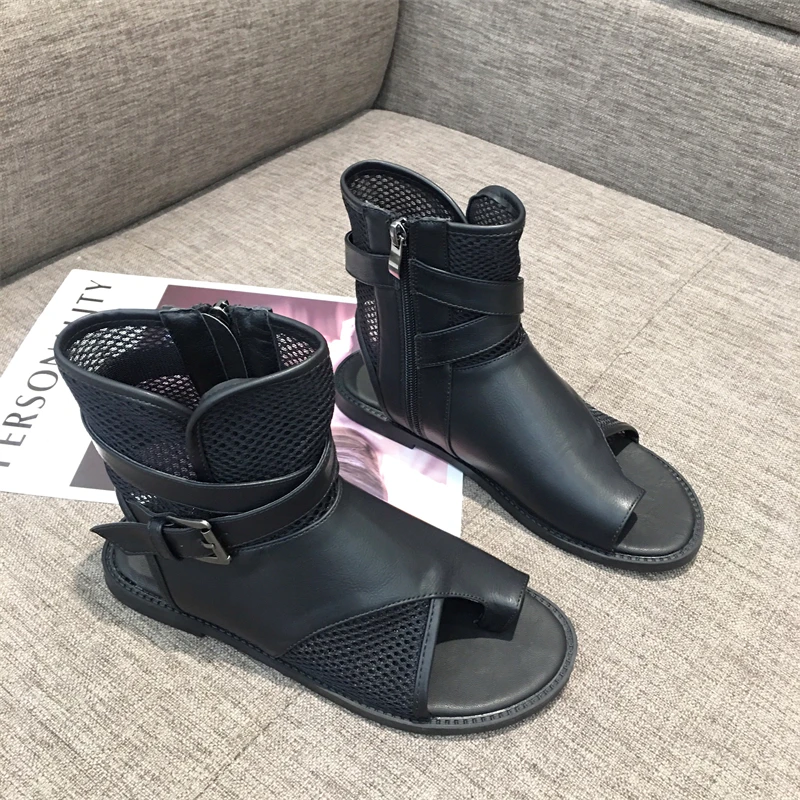 AIYKAZYSDL Gladiator rzymskie sandały Slingback Casual mieszkania wysokie góry botki zacisk okrągły nosek pasek z klamrą letnie buty Bootie