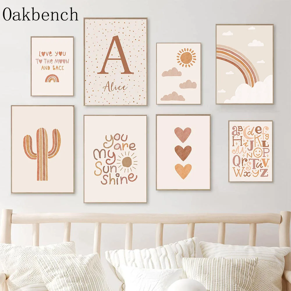 Boho Rainbow Wall Poster Custom Name Posters Alphabet Poster Unicorn Art Painting Alpaca Nordic Wall Pictures Kids Room Decor