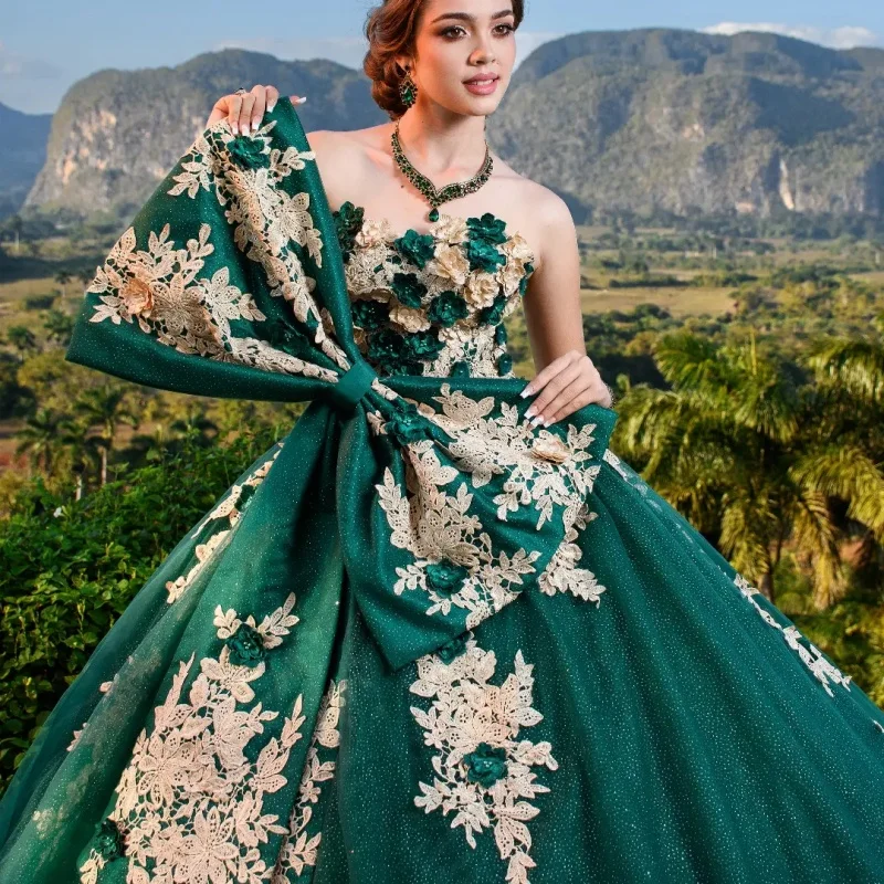 

Shining Green Quinceanera Dresses Off the Shoulder Glitter 3D Flower Decal Long tail Bow Vestido De 15 Quinceanera Customize
