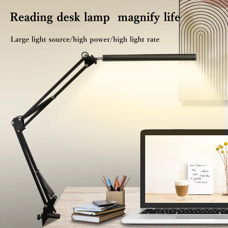 10W/12W LED Metal Desk Lamp with Clip Long Foldable Arm Three Colors Dimmer Reading Lamp Living Room Computers Multipurpose Lamp