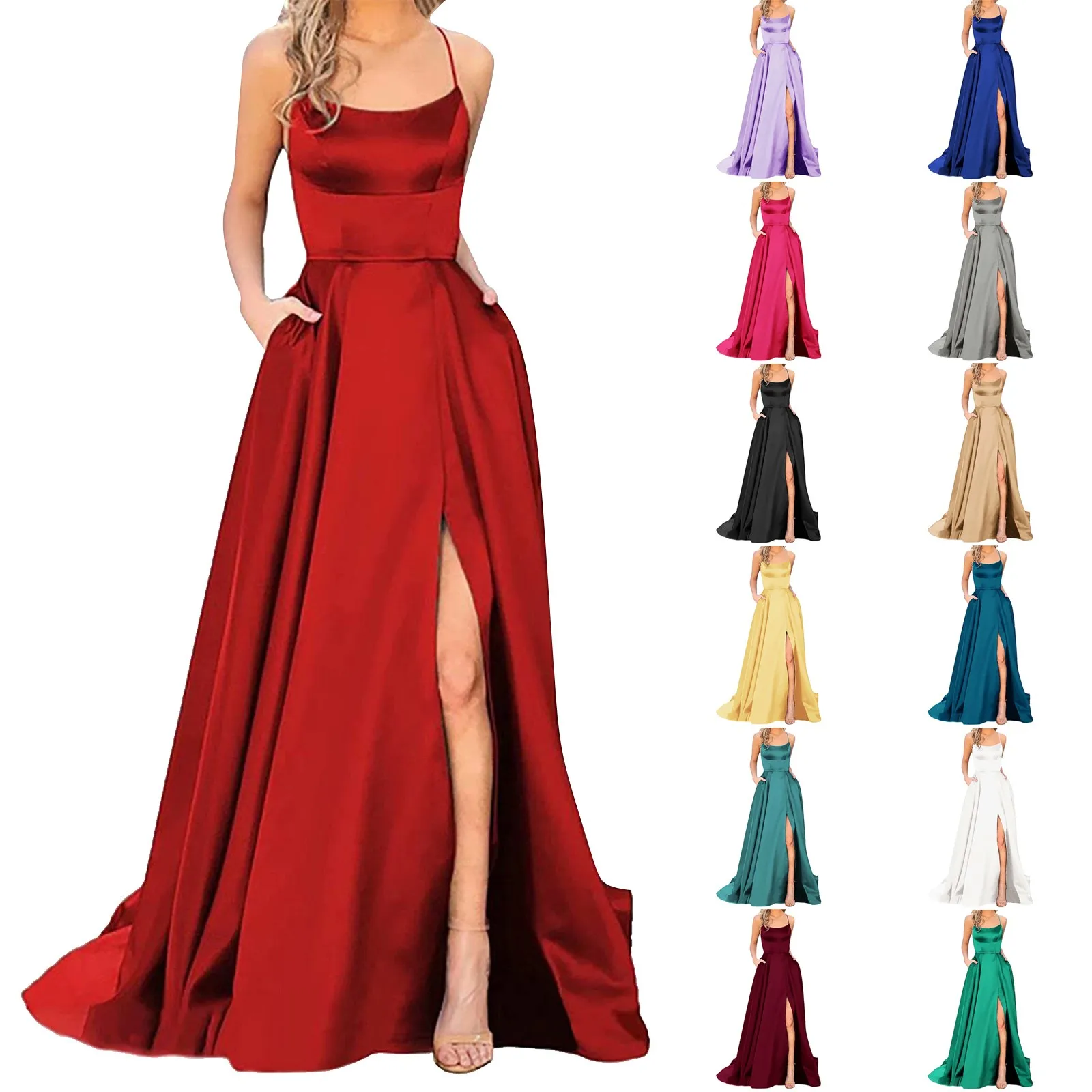 Vestido de fiesta de noche largo con espalda descubierta, Sexy, púrpura, lateral, Maxi, línea A, tirantes finos, vestidos de graduación de satén, Vestido Formal