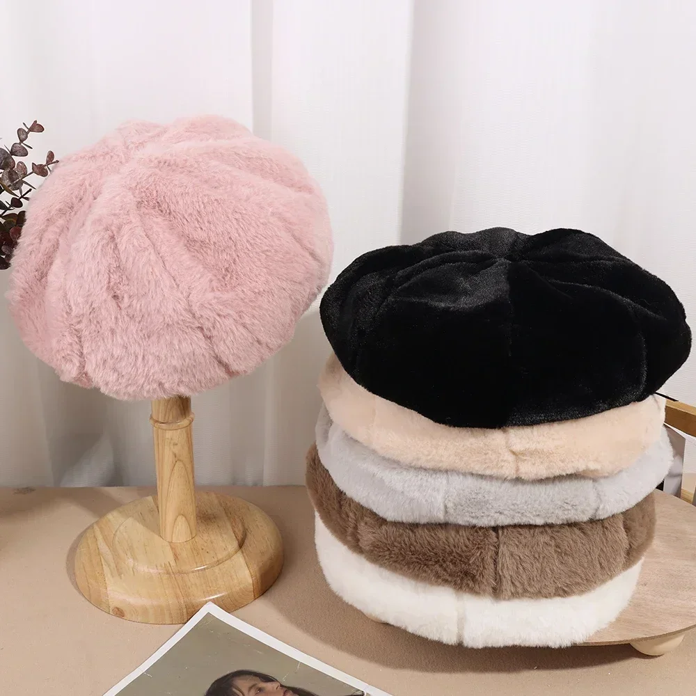 Girls Retro Rabbit Fur Beret Autumn Winter Warm Hat Women Fashion Pure Color Plush Berets Hat Female Elegant Painter Cap Gorras