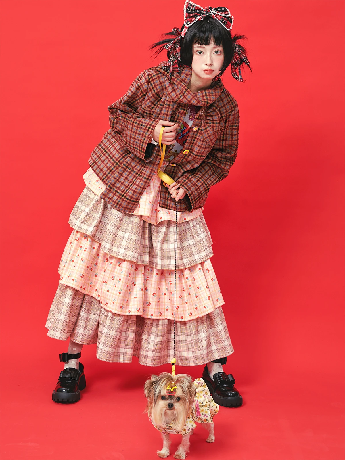 Japan JK Lolita Girls Pink Tiered Puff Cake Skirt Women Retro Cute Style, Plaid & Cherry Print Midi Skirt for Fall Winter Season