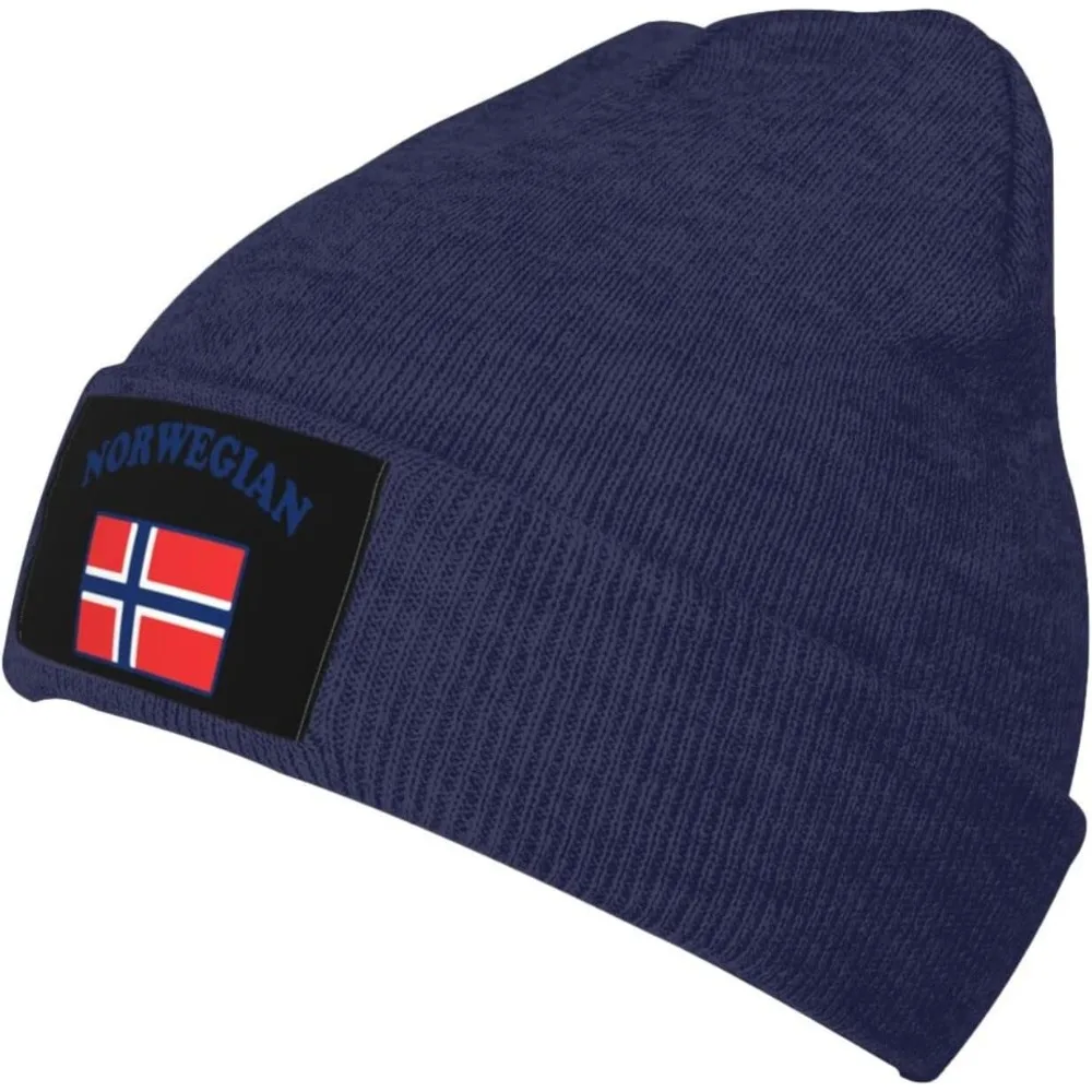 Winter Knit Hat Cap for Men Women, Norwegian Flag Daily Beanie Hat Unisex Warm Cuff Ski Skull Caps Black