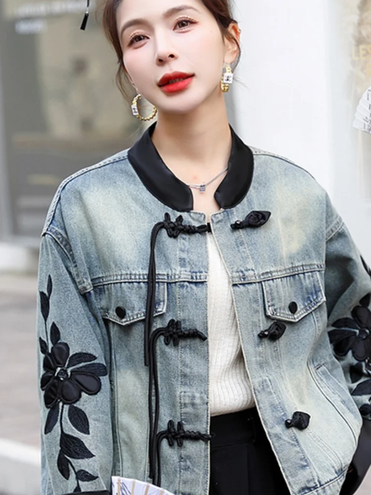 Brodé boutonné ort ample femmes Denim Jaet chinois Sle haut cousu conception florale décontracté trajet Faion
