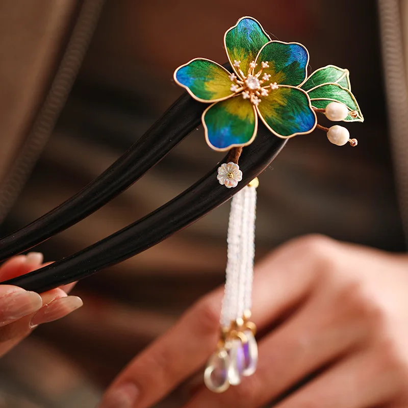 

Original handcrafted velvet silk sandalwood hairpin, daily floral blue coiled hair hairpin, classical blue flower hair accessory