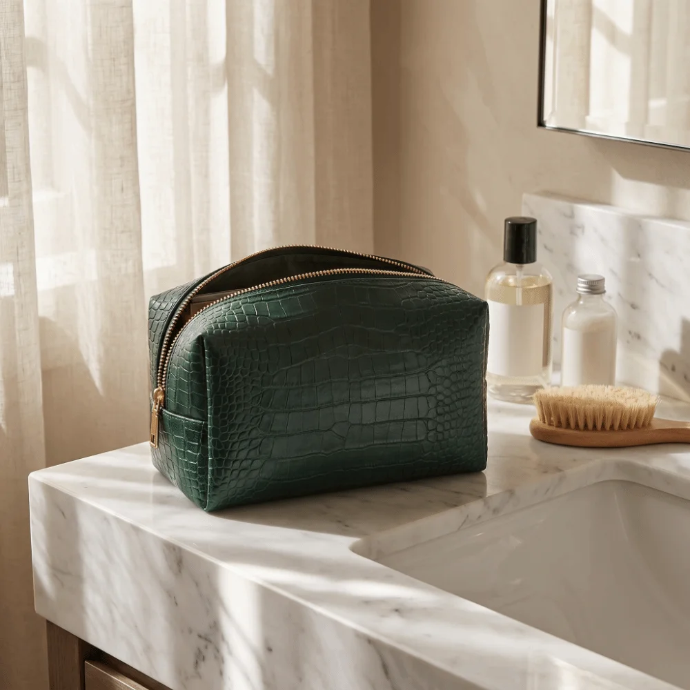 Portable Croc Embossed Makeup Bag Waterproof PU Leather Cosmetic Pouch Lightweight Large Capacity Wash Pouch Business Trip
