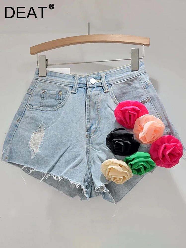 DEAT Trendy Women's Denim Shorts High Waist Solid Color Patchwork Colorful 3D Flower Short Pants 2024 Spring New Fashion 29L7156