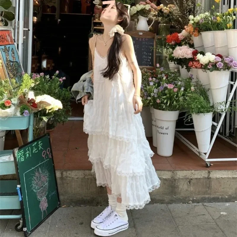 

Sexy Backless Lace Ruffle Long Dresses Fashion Sleeveless V Neck Fairy Evening Dress Y2k Summer Lady Beach Party Vestido Платье