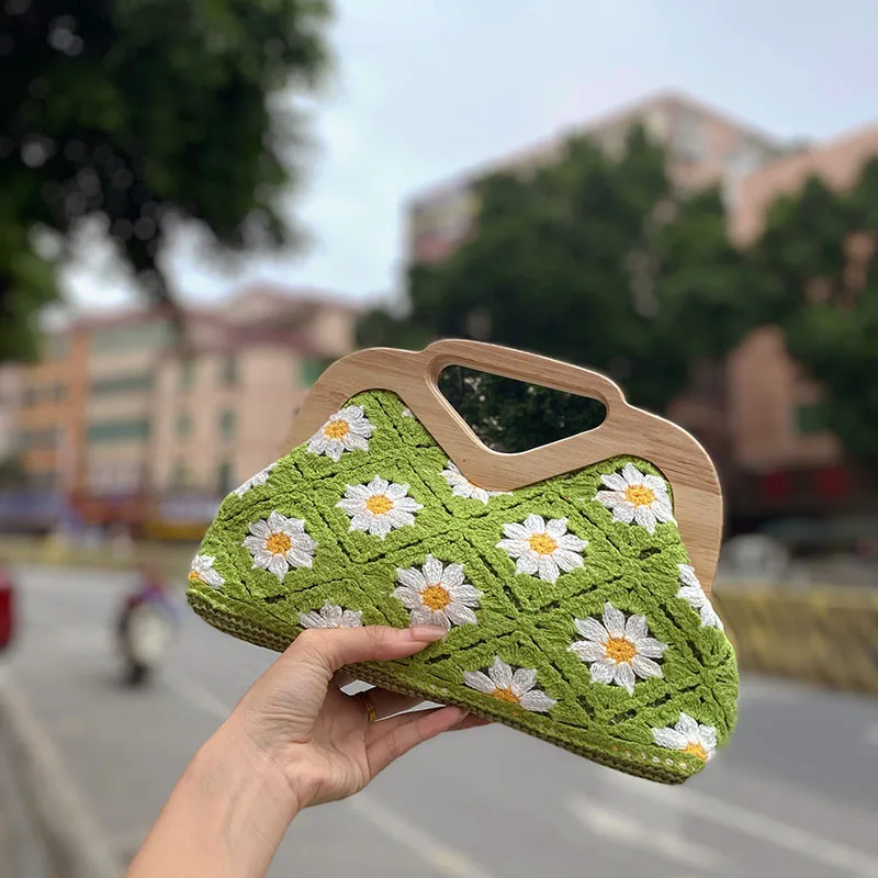 

Деревянная ручная женская сумка, вязаная сумка с цветочным принтом ручной работы, модный кошелек-клатч, сумка через плечо, летняя дорожная сумка