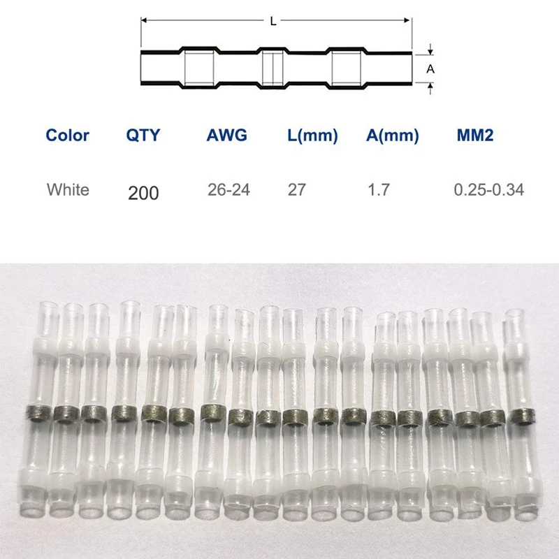 26-24 AWG 흰색 솔더 씰 와이어 커넥터, 열 수축 버트 커넥터, 방수 및 절연 와이어 터미널, 200 개