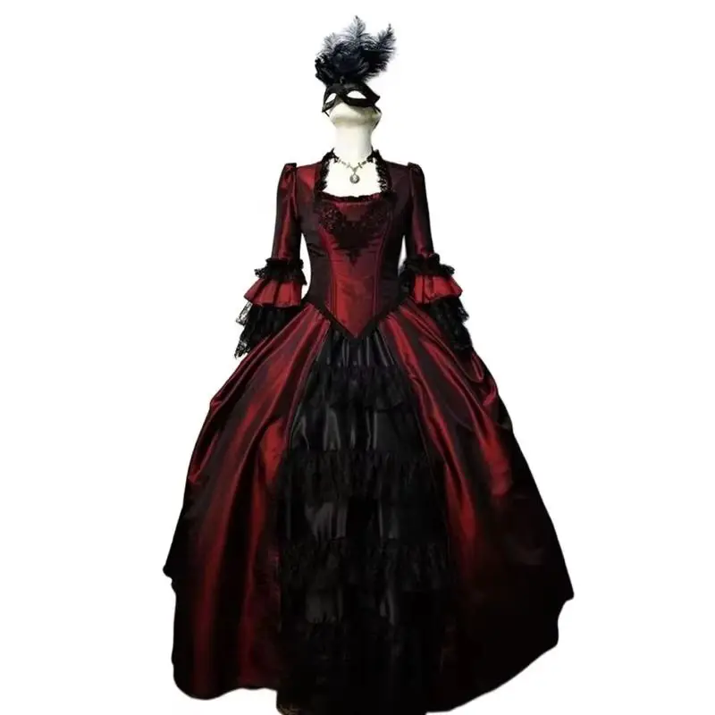 Robe de bal victorienne Vintage, manches longues, rouge foncé et noir, robe de bal classique en mascarade, personnalisée