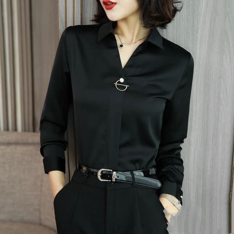 Temperament Long Sleeve Loose Blouse Spring Autumn New Solid Color Polo Neck Office Shirt Tops Elegant Fashion Women Clothing