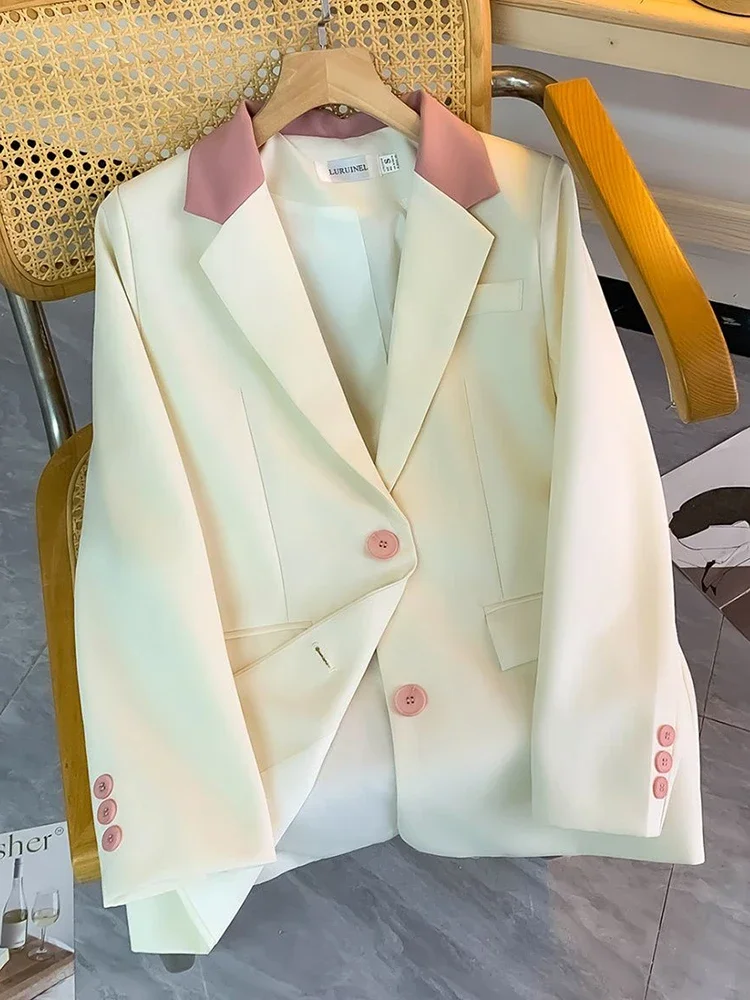 韓国カジュアルパッチワークデザインオフィスレディ春ジャケットシックでエレガントなブレザー女性のファッション長袖甘いスーツコート