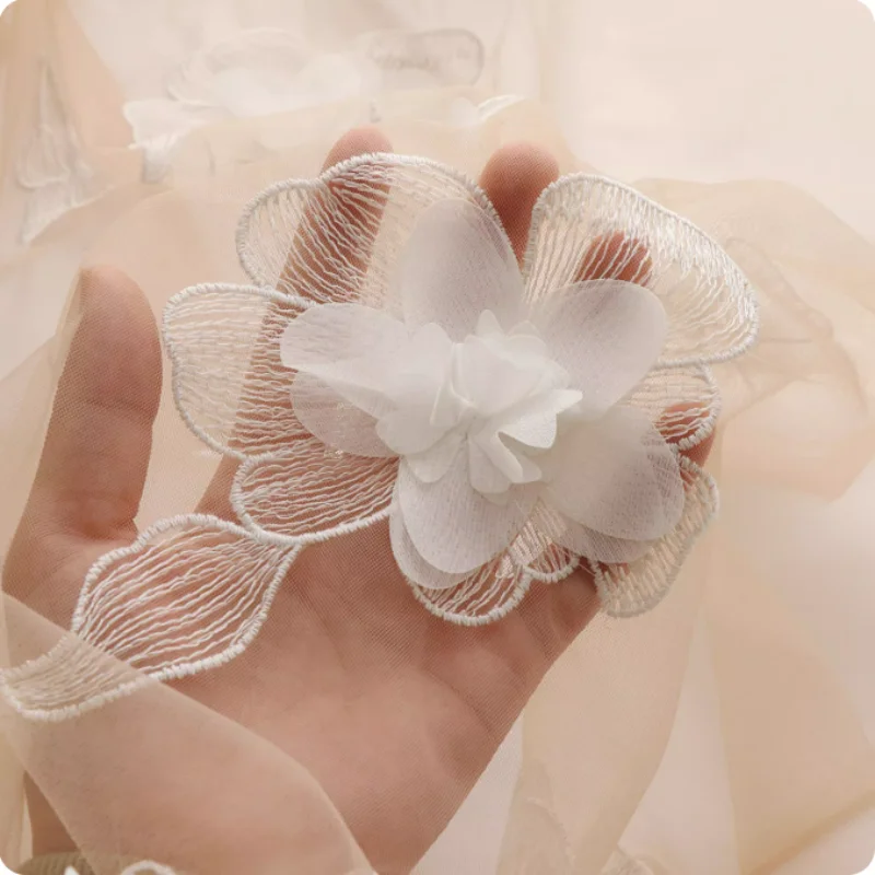 

Semi-transparent apricot-colored flower embroidered mesh fabric for wedding dresses, evening gowns custom-made polyester fabric
