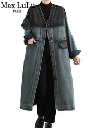 Max LuLu Fall Korean Vintage Long Coats Womens Fashion Loose Denim Trench Ladies Classic Casual Patchwork Oversized Windbreakers