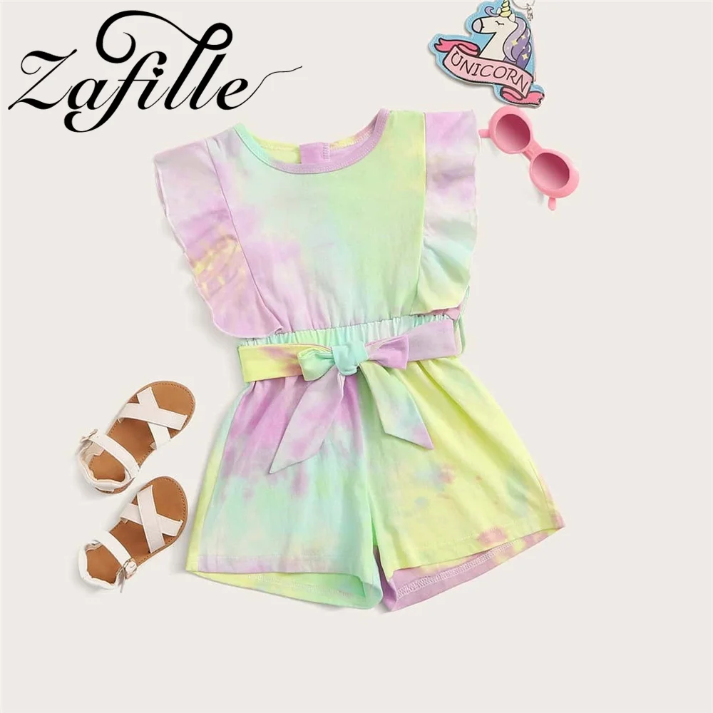 ZAFILLE Summer Children Girls Jumpsuits Flying Sleeve Zipper Baby Clothes Flowers Printed Toddler Girls Rompers Cute Kids Pants