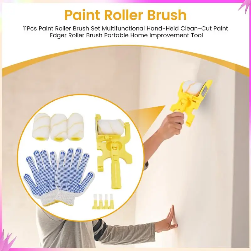 B50C 11Pcs Paint Roller Brush Set Multifunctional Hand-Held Clean-Cut Paint Edger Roller Brush Portable Home Improvement Tool