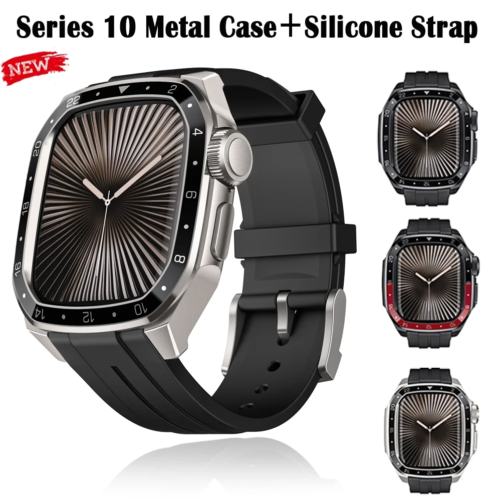 Luxury Metal Case＋Silicone Strap for Apple Watch Band 11 10 46mm Integrated Rugged Protective Cover iWatch 9 8 7 45mm Wristband