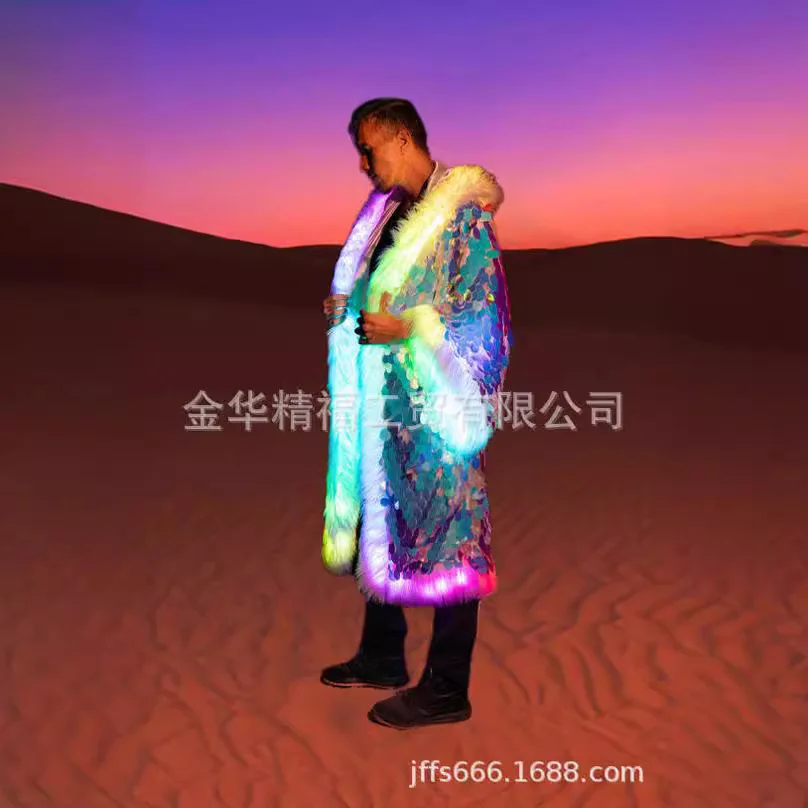 Jacket Faux Fur Men Long Coat Sequins Hooded Fluffy Warm Winter Patchwork LED Costume Stage Dance Party Cosplay Outerwear