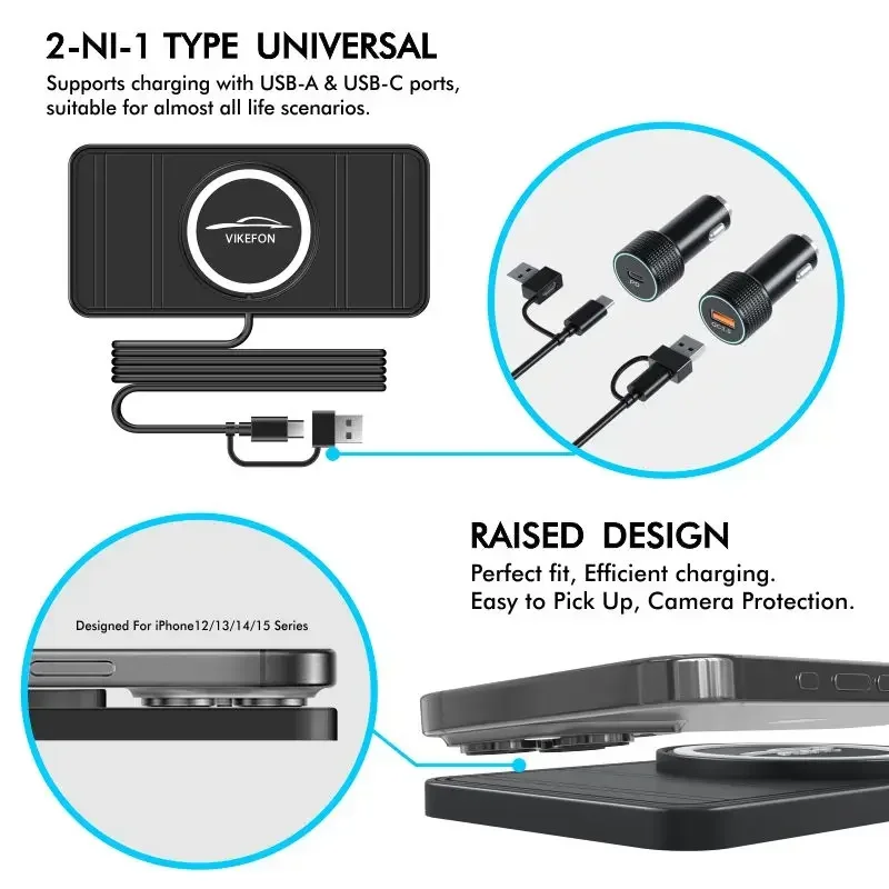 Pd tipo c + usb carregador sem fio do carro corte esteira silicone antiderrapante almofada para iphone 16 15 pro max samsung xiaomi telefone carregamento rápido